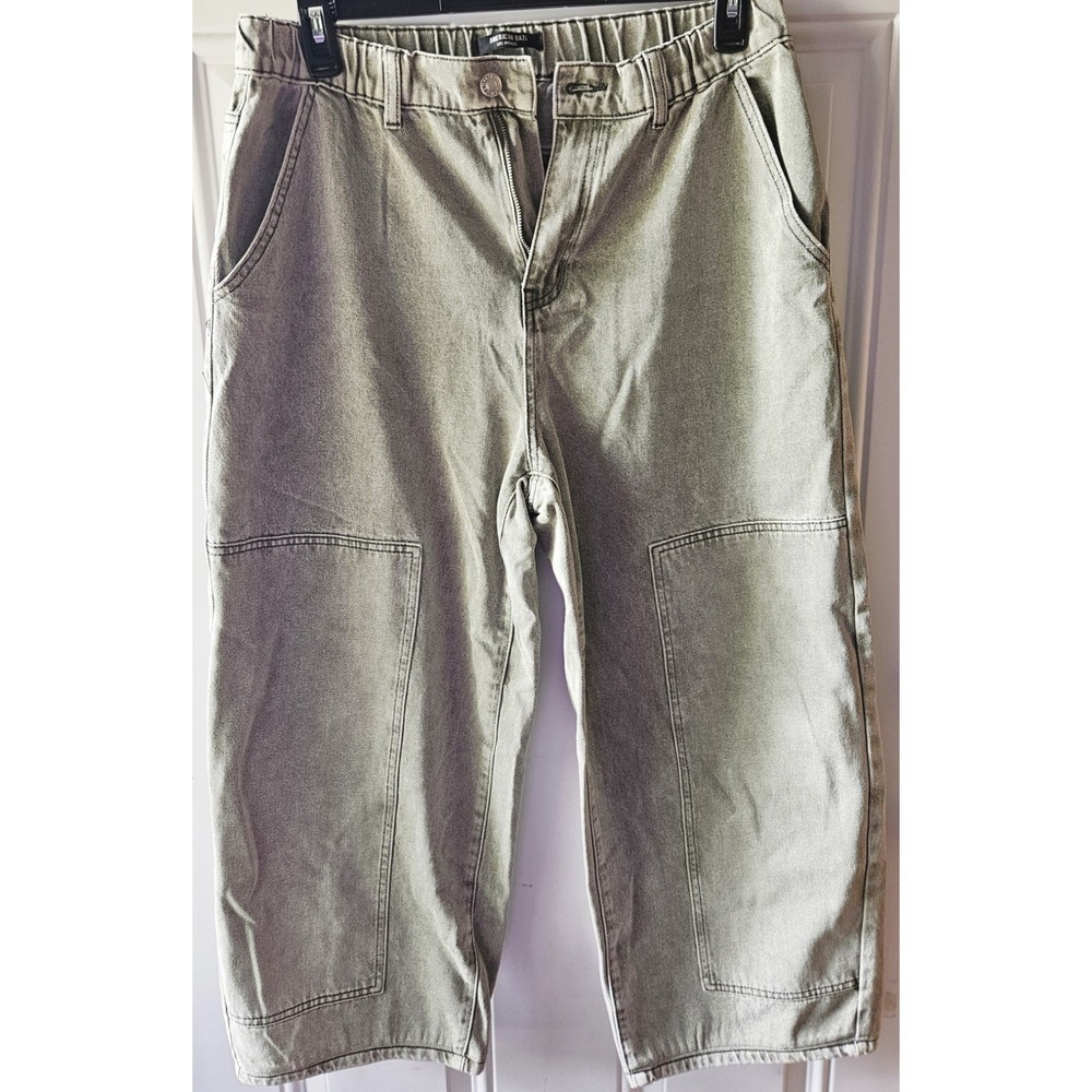 American Bazi Los Angeles Women's Large Wide Leg Jeans Olive Green Utility Denim